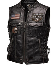 Mens Leather Motorcycle Club Vest Side Lace Up Biker Cut Outlaw