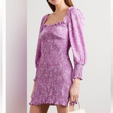 Faithfull The Brand Dress Women 4 Purple Floral Gombardy Shirred Smocked Puff
