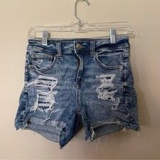 American Eagle Medium Wash Distressed Hi Rise Shortie Jean Denim Shorts Size 2