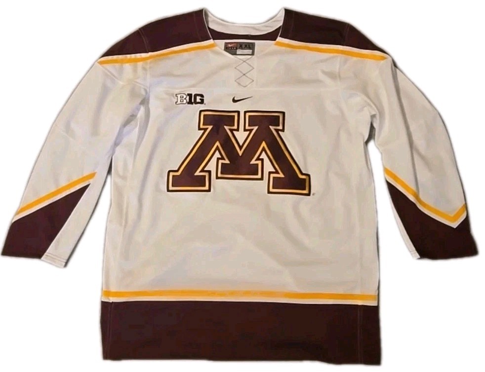 VTG Nike Team Minnesota Jersey Golden Gophers Hockey 2XL White WCHA Patch NCAA