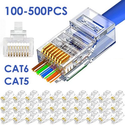 100-500PCS RJ45 CAT6 CAT5 Connectors Ends 8P8C Pass Through Modular Plug Network
