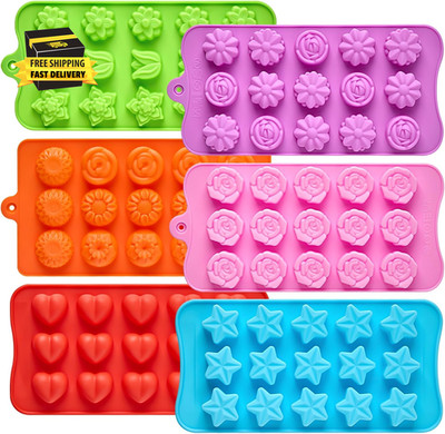 6 Pcs Flower Silicone Chocolate Molds Set, 15-Cavity Rose Heart Star Candy Mold