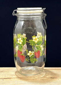 Vintage ARC France Strawberry Glass Canister Jar Large 2L Wire Bale Hinged Lid