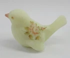 Fenton Uranium Glass Bird Figurine Handpainted Pink Roses - GLOWS