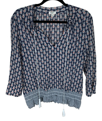Women's Dylan Blue White 3/4 Sleeve V-Neck Sheer Cotton Peasant Top Size M Boho