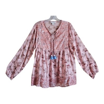 RACHEL ZOE Women's L Peasant Blouse Coral Floral Tassel Ties Balloon Sleeve 38''
