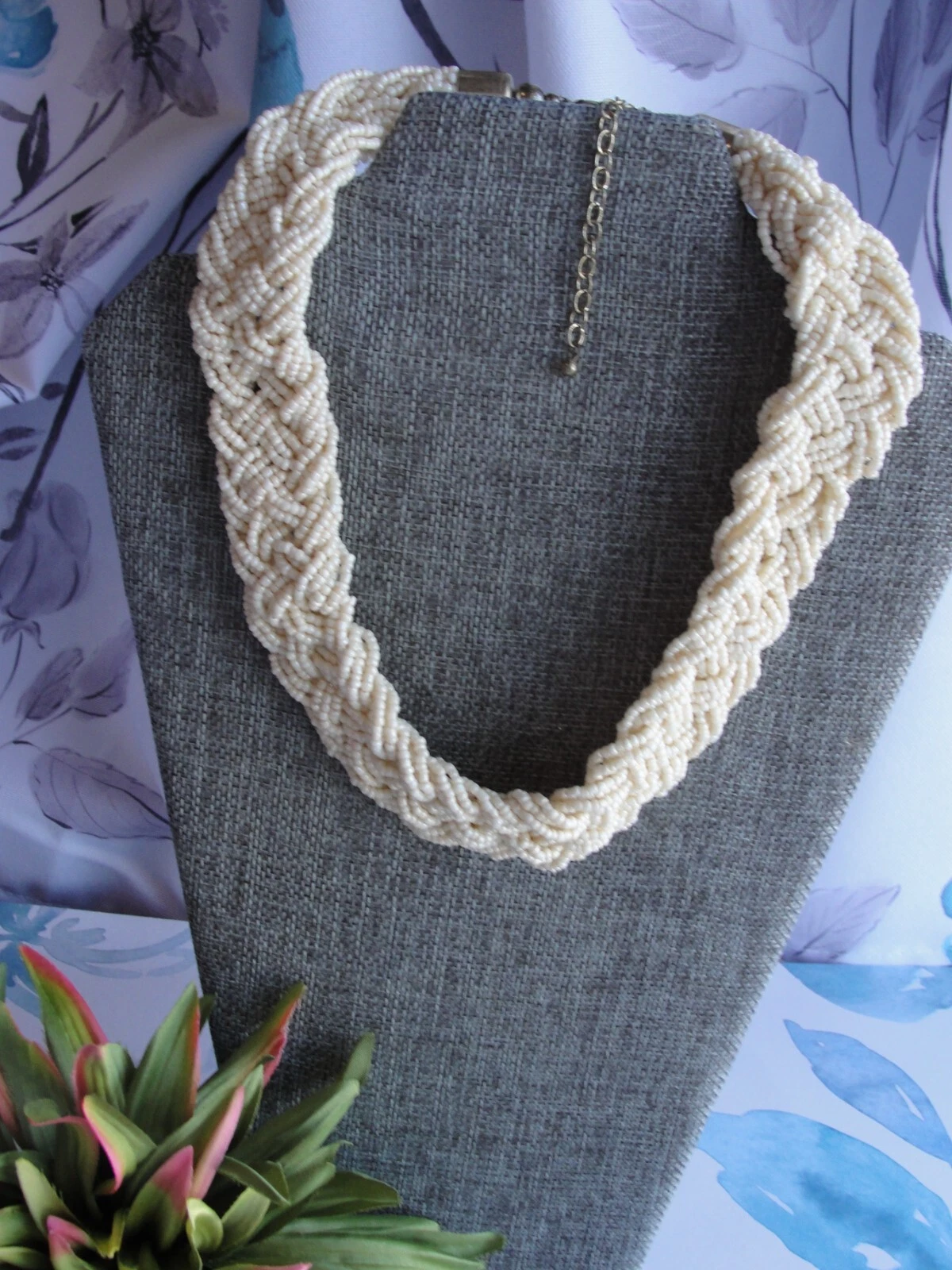 OFF WHITE Collana vintage multifilo perline semi intrecciati bianco sporco 18 21" non firmata ottime condizioni