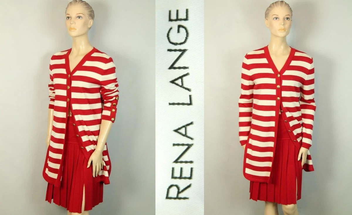 RENA LANGE Italy Red Wool Knit 2Pc Set Dress Top Pleated Skirt Jacket Blazer 6