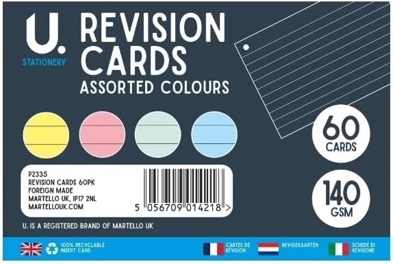 Martello P2335 Lined Ruled Revision Cards, Assorted Pastel Colours - Pack of 60