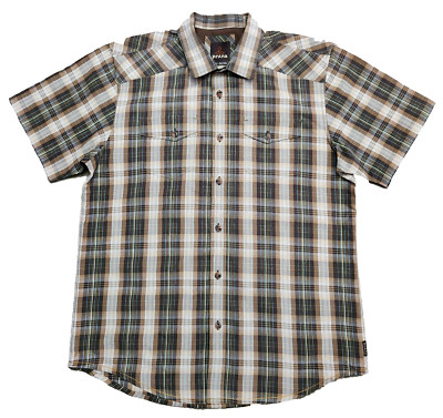prana Breath Camp Shirt Men's XL Brown Plaid Button Up Casual Organic Cotton