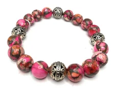 Handmade 10mm Pink Impression Jasper Gemstone & .925 Silver Bali Bead Bracelet