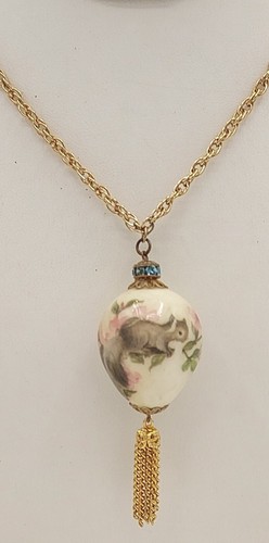 Vintage MCM Decoupage Quail Egg Pendant Necklace