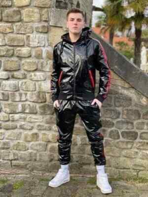 PVC Jacket Tracksuit Trouser Hoodies Drawstring Glossy Black & Red Stripes