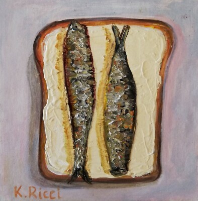 Bread Toast Butter Sardine Fish Original Oil Painting Food Small Anchovies Art