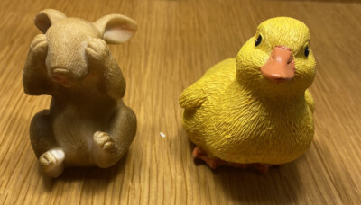 Brown Bunny Rabbit & Yellow Duckling Figurines Sitting Happy Easter APX 3'' Tall