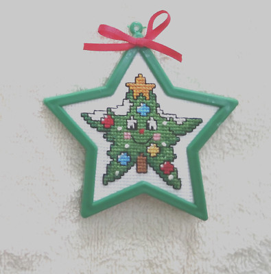 Finished completed cross stitch star shaped tree Christmas ornament