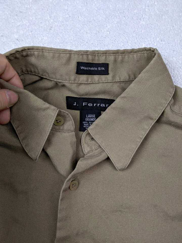 J Ferrar Mens L Beige Washable 100% Silk Shirt Camp Short Sleeve - Image 3 of 4