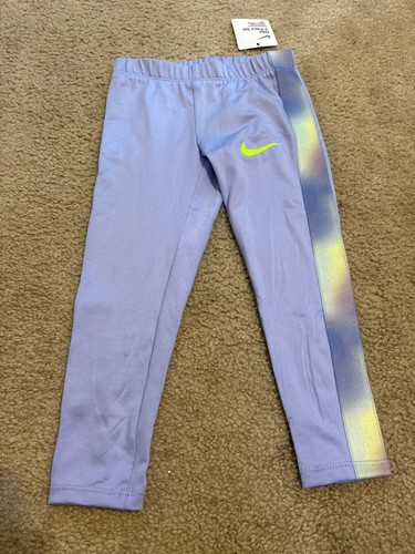 Girls XS Size 4 Nike Dri Fit Bright Purple Tights With Green Swoosh NWT - Picture 2 of 3
