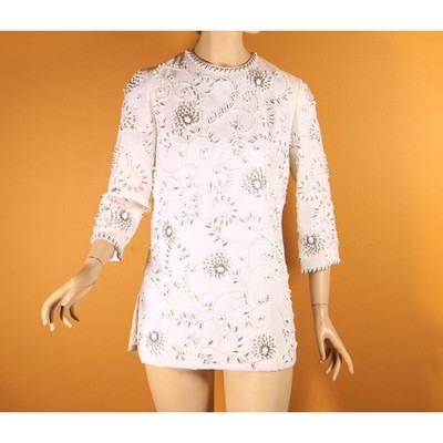 1960s White Heavily Beaded Floral Swirl Tunic Mini Dress by Cavanagh's