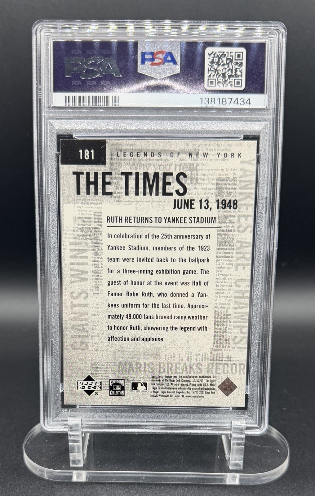 2001 Upper Deck Babe Ruth PSA 10 Low POP “Legends of New York - The Times” view 2