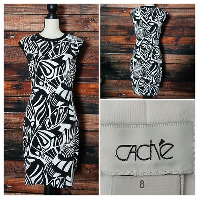 Cache Dress Size 8 White Black Leaf Sheath Cap Sleeve Lined Stretch Made In USA