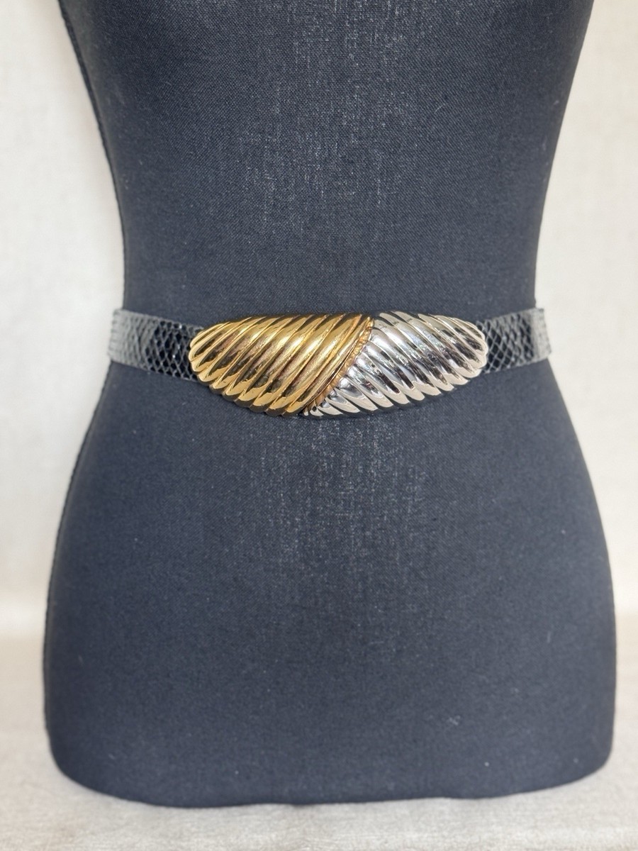Vtg Alexis Kirk Belt Two Tone Gold Silver Buckle Black Snake  display picture 3