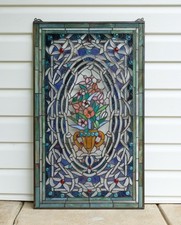 20" x 33.75" Flower in Vase Tiffany Style stained glass Jeweled window panel