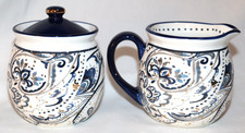 Potters Studio Paisley & Filigree Covered Sugar & Creamer  Blue Gold & White