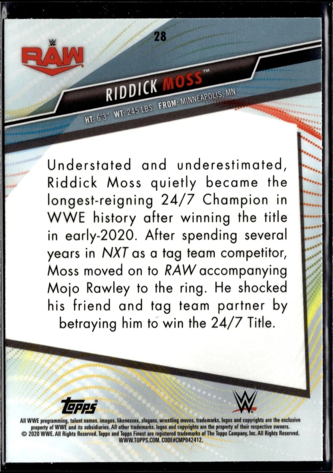 2020 Topps Finest WWE #28 Riddick Moss RAW Wrestling Card RC - Image 2 of 2