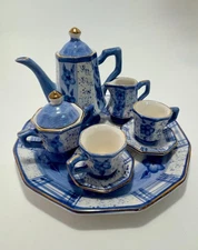 Vintage Miniature Blue & White Porcelain Tea Set with Tray – Made in Thailand