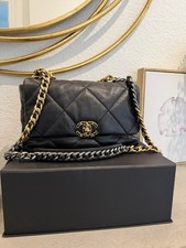 Auth CHANEL 19 Flap Bag Black Quilted Lambskin Mixed Metal Chain Gold Silve