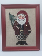 Vintage Needlepoint Santa Completed And Framed Christmas Artwork Decor VGUC