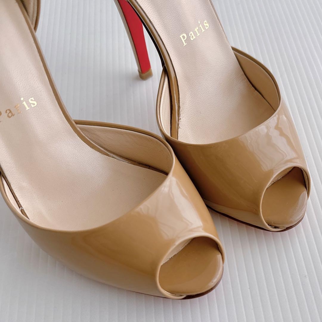 Christian Louboutin Open Toe Pumps Beige Patent Leather 12cm Heel