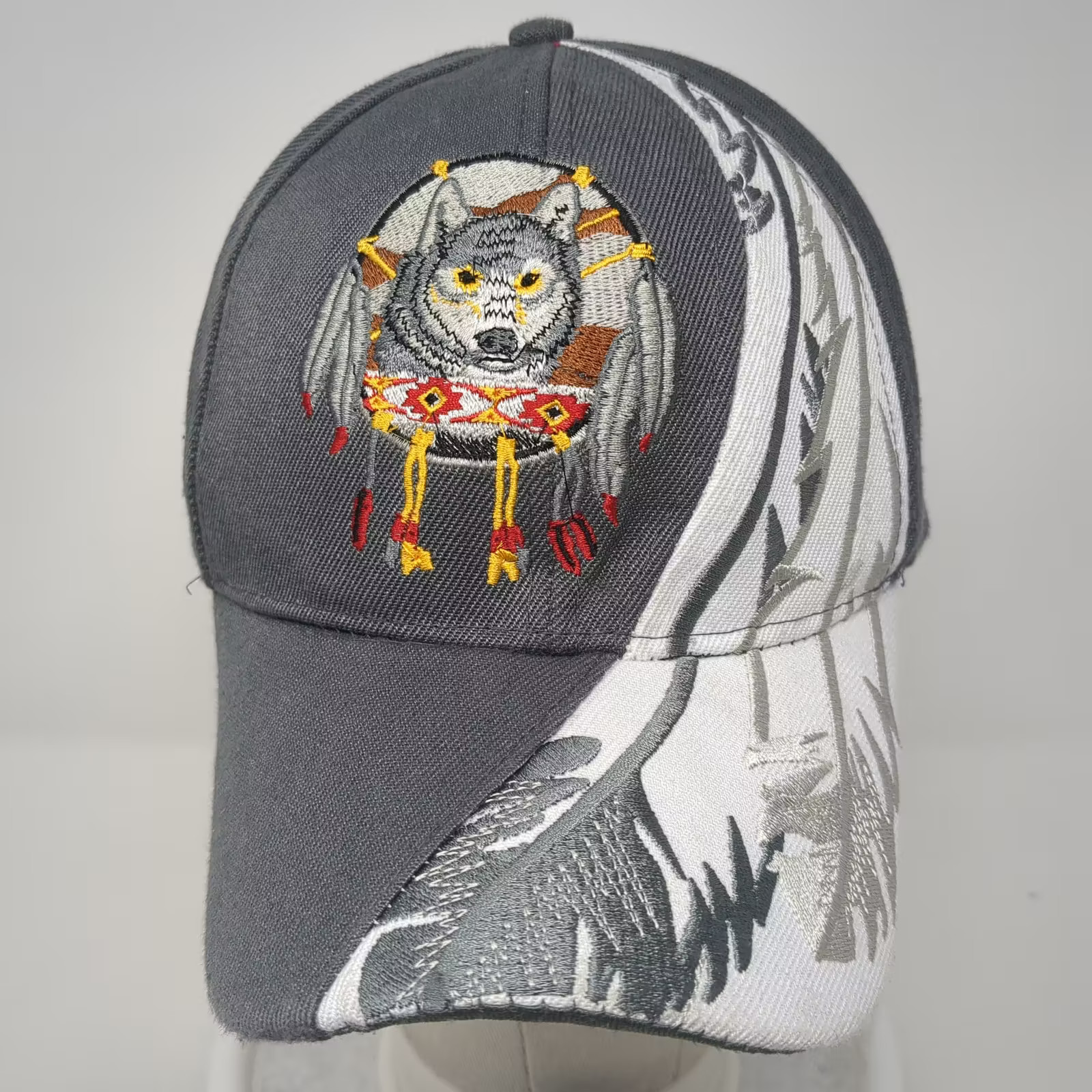 Gray White Baseball Cap OS Wolf Dreamcatcher Embr… - image 2