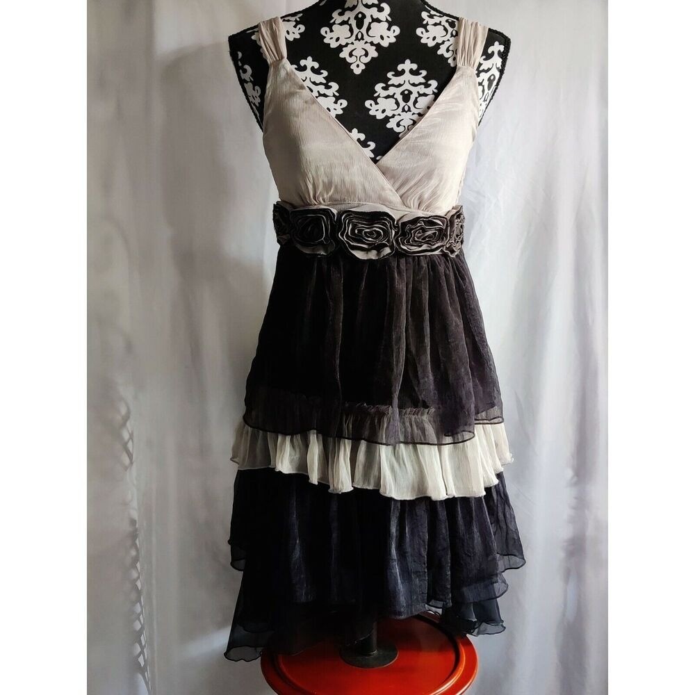 Rachael Chloe Black Beige Ruffled Rose Corset Dress Size S