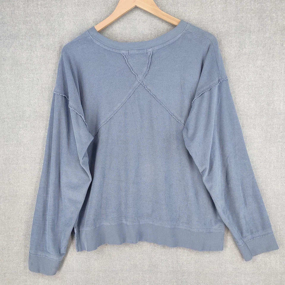 Suéter Top Pullover Modoc Para Mujer Pequeño Azul Hombro Caído Cuello Redondo Borde Crudo Foto 2 de 4