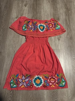 Authentic Artisan Handmade Mexican Dress Floral Embroidered Pink