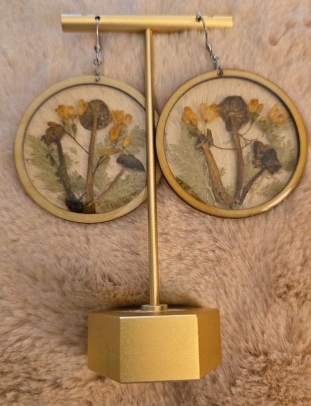 1970's pressed earrings feature dried mushrooms&yellow flowers In resin