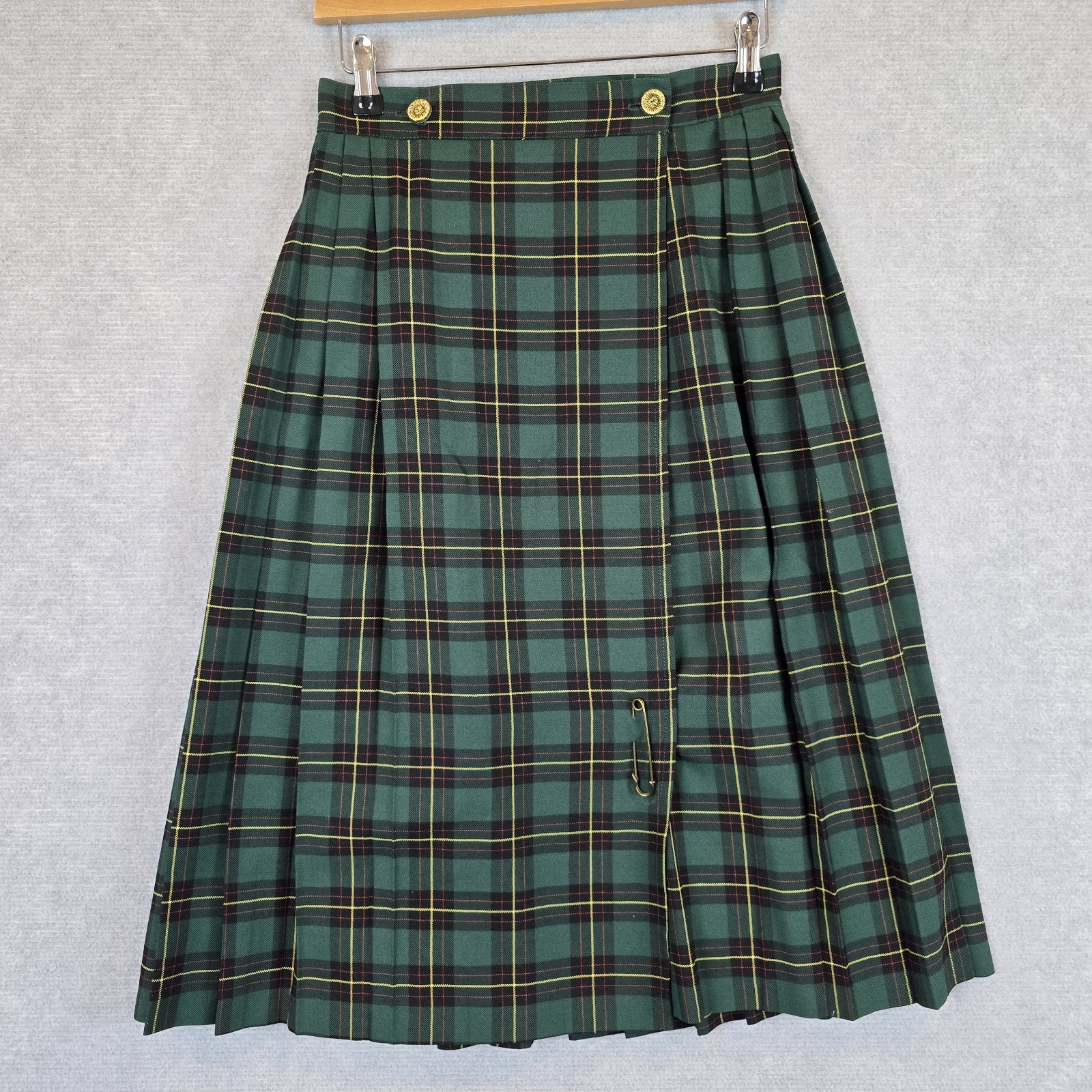 Vintage 90s Green Check Plaid Midi Pleated Kilt Skirt Womens Size 10 Tartan