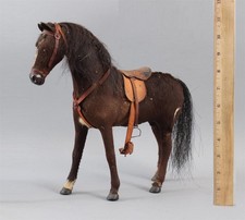 Antique 19thC Victorian Wood Fur Hide Wood Folk Art Horse Toy w/ Leather Saddle