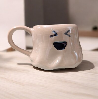 Iridescent Pearl White Ceramic Ghost Emoji Coffee Mug Cup Celebrate Halloween 