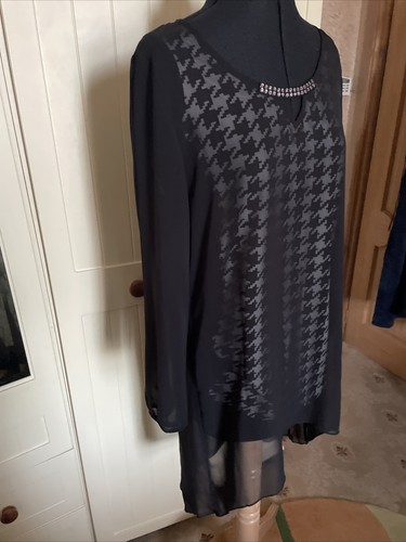 DORIS STREICH Black Houndstooth Chiffon Overlay Dip Hem Ladies Tunic Size 10 NEW - Picture 6 of 14