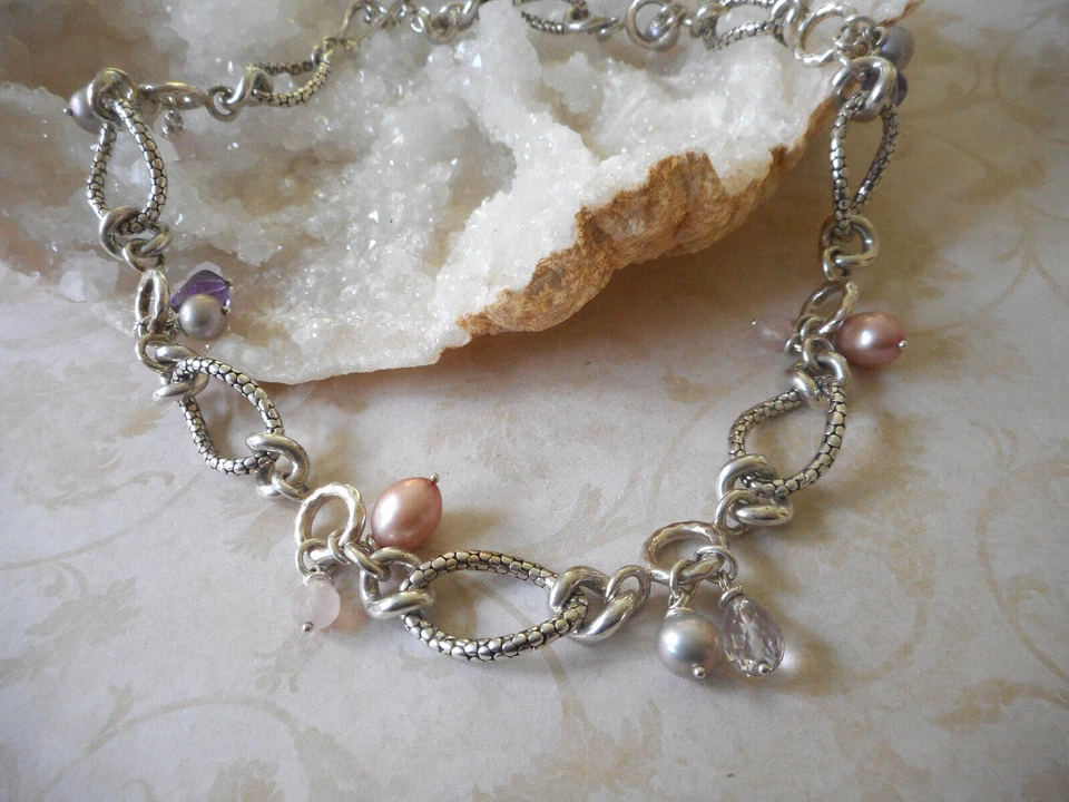 Collar de cuarzo rosa amatista perla plata esterlina Michael Dawkins RE7256 Foto 3 de 4