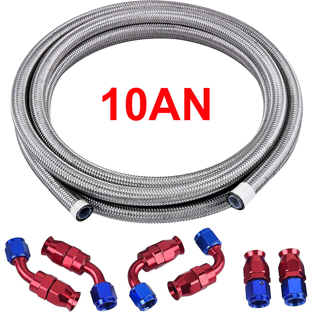 10FT 6 8 10AN Silver Nylon Braided PTFE Fuel Line Kit 6 Fittings Hose