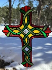Stained Glass Celtic Cross Medium Green Yellow Red 13" x 10"