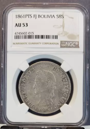 1861 PTS FJ BOLIVIA SILVER 8 SOLES S8S NGC AU 53 HIGH GRADE BEAUTIFUL COIN