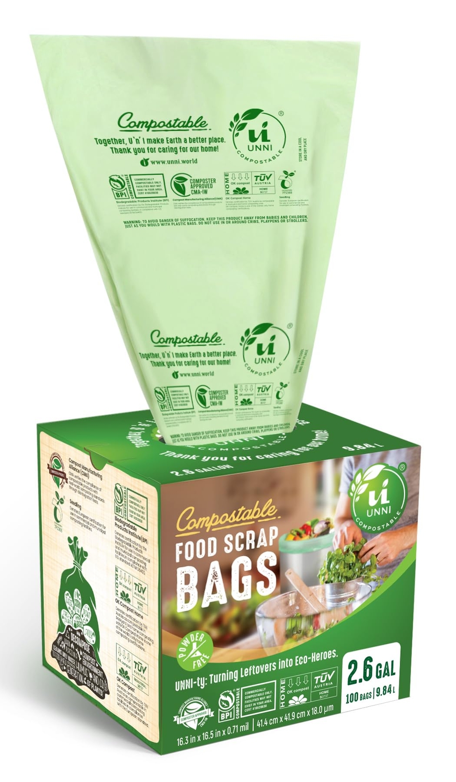 Compostable Liner Bags, 2.6 Gallon, 9.84 Liter, Extra Thick 0.71 Mil, 100 Cou...