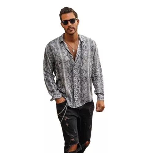 Camisa Para Hombres Informal Calce Ajustado Piel de Serpiente Estampada Manga Larga Fiesta Cuello Top - Imagen 2 de 6