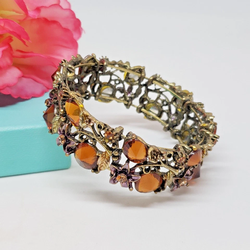 Brazalete Floral Tono Dorado Antiguo Estrás Rivoli Lucite Color Ámbar Foto 2 de 4