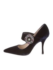 PRADA Embellished Mary Jane Strap Pointed Toe Pump Shoe Navy Velvet EU 37.5 US 7